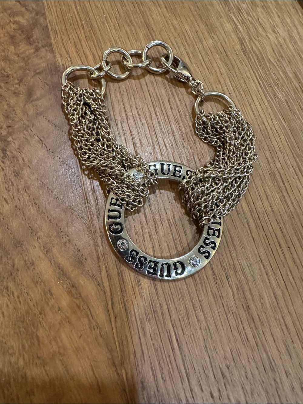 GUESS Gold-Tone Multi-Chain Logo Ring Bracelet with Crystal Accents